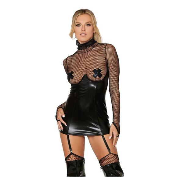 🦋B2G1🦋DREAMGIRL Fishnet and Stretch Black Faux Leather Garter Slip Lingerie MED - Picture 1 of 8